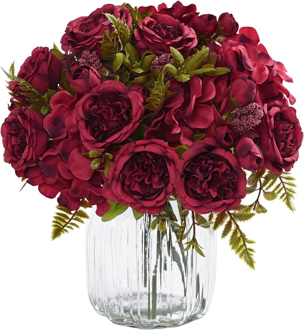 4 Packs Burgundy Artificial Peonies Silk Flowers Bouquet – Realistic Faux Peony Arrangement for Wedding Centerpieces, Halloween Decor, Home & Party Floral Decorations